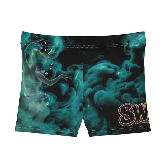 Women's Smoke-Cloud Athletic Shorts — 'SWEET' Teal Vapor All-Over Print