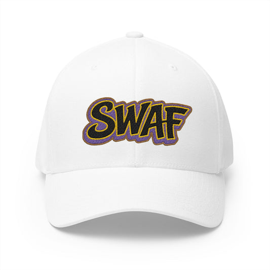 Embroidered 'SWAF' Logo Cap — White Structured Baseball Hat with Purple Leaf Accent