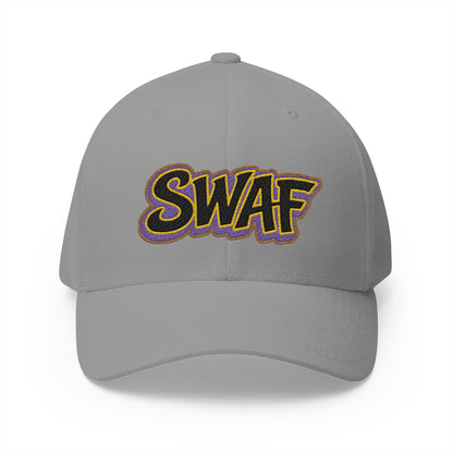 Embroidered 'SWAF' Logo Cap — White Structured Baseball Hat with Purple Leaf Accent