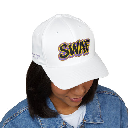 Embroidered 'SWAF' Logo Cap — White Structured Baseball Hat with Purple Leaf Accent
