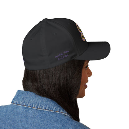 Embroidered 'SWAF' Logo Cap — White Structured Baseball Hat with Purple Leaf Accent