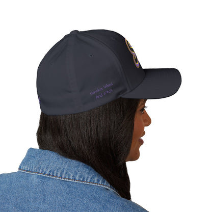 Embroidered 'SWAF' Logo Cap — White Structured Baseball Hat with Purple Leaf Accent