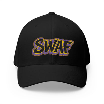 Embroidered 'SWAF' Logo Cap — White Structured Baseball Hat with Purple Leaf Accent
