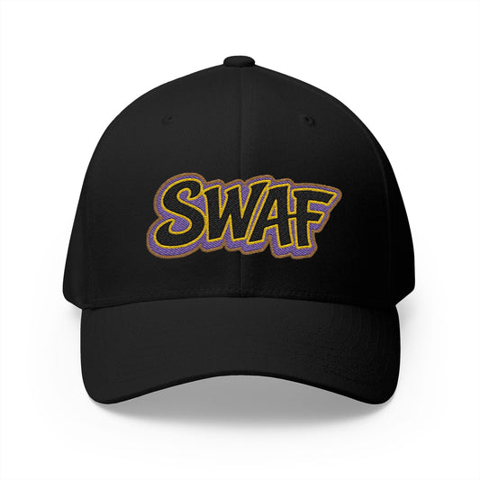 Embroidered 'SWAF' Logo Cap — White Structured Baseball Hat with Purple Leaf Accent