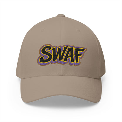 Embroidered 'SWAF' Logo Cap — White Structured Baseball Hat with Purple Leaf Accent