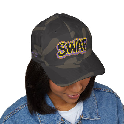 Embroidered 'SWAF' Logo Cap — White Structured Baseball Hat with Purple Leaf Accent