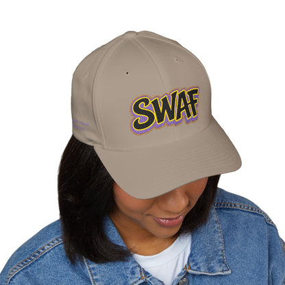 Embroidered 'SWAF' Logo Cap — White Structured Baseball Hat with Purple Leaf Accent