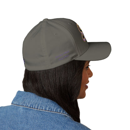 Embroidered 'SWAF' Logo Cap — White Structured Baseball Hat with Purple Leaf Accent