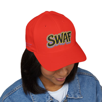 Embroidered 'SWAF' Logo Cap — White Structured Baseball Hat with Purple Leaf Accent