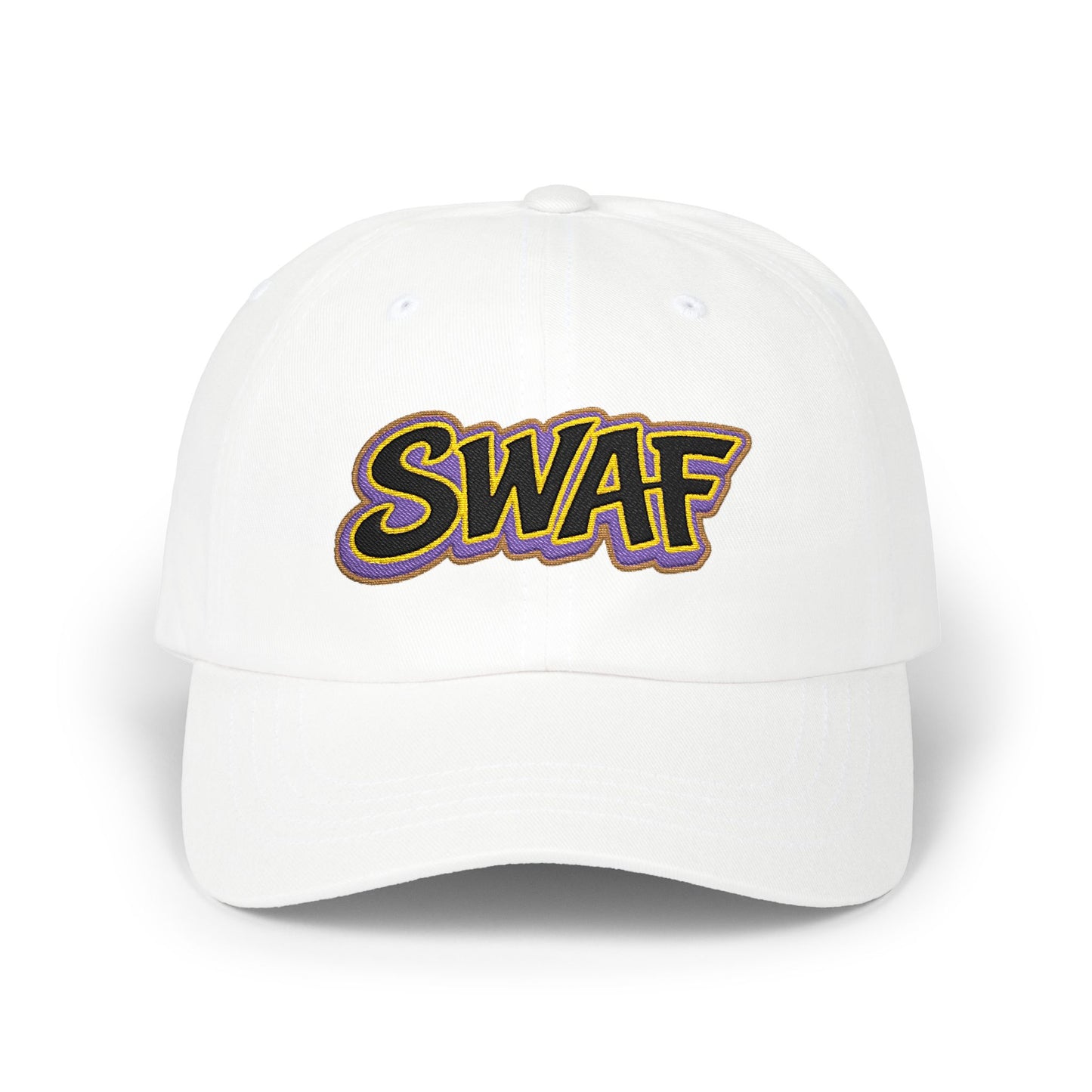 SWAF embroidered script Dad Cap | white baseball hat with purple leaf back logo