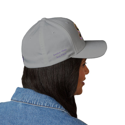 Embroidered 'SWAF' Logo Cap — White Structured Baseball Hat with Purple Leaf Accent