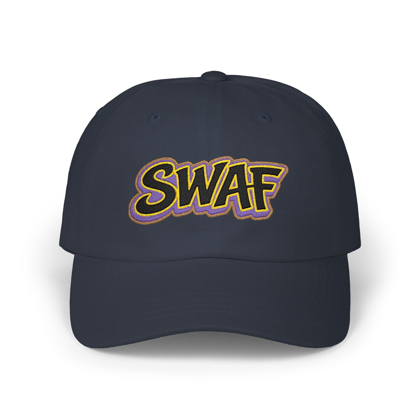 SWAF embroidered script Dad Cap | white baseball hat with purple leaf back logo