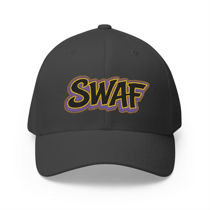 Embroidered 'SWAF' Logo Cap — White Structured Baseball Hat with Purple Leaf Accent