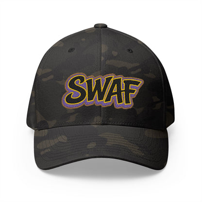 Embroidered 'SWAF' Logo Cap — White Structured Baseball Hat with Purple Leaf Accent