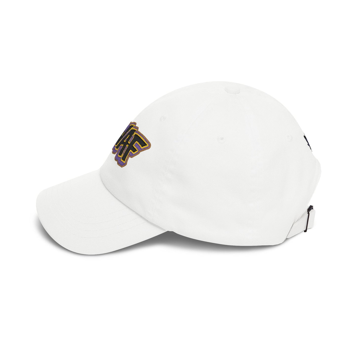SWAF embroidered script Dad Cap | white baseball hat with purple leaf back logo