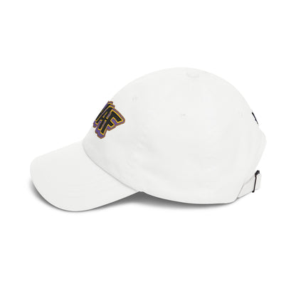 SWAF embroidered script Dad Cap | white baseball hat with purple leaf back logo