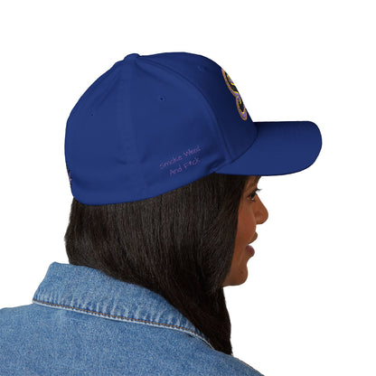 Embroidered 'SWAF' Logo Cap — White Structured Baseball Hat with Purple Leaf Accent