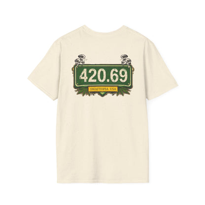 T‑Shirt — “I have a one lane brain...” Front / 420.69 License Plate Back Cannabis Graphic