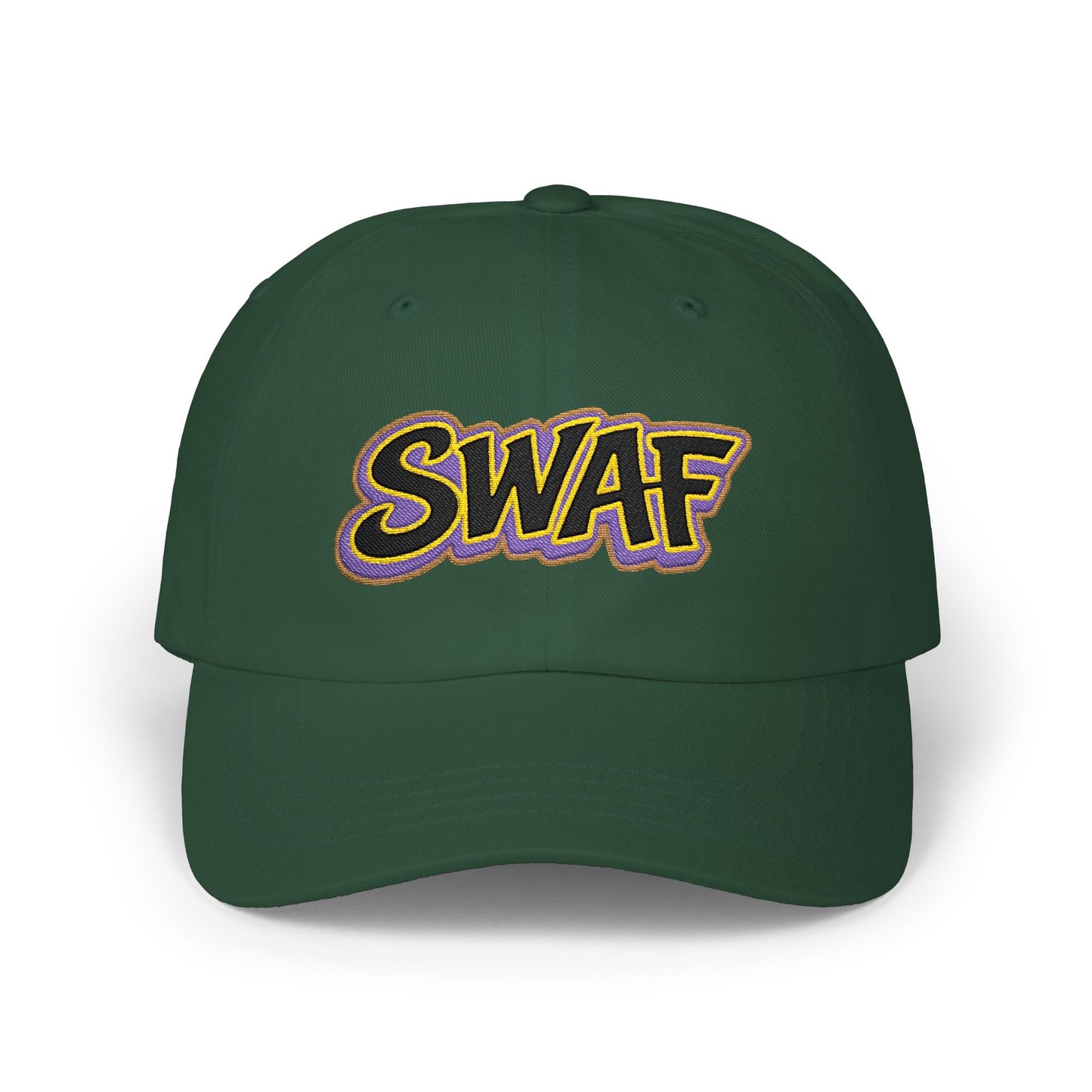 SWAF embroidered script Dad Cap | white baseball hat with purple leaf back logo