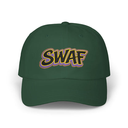 SWAF embroidered script Dad Cap | white baseball hat with purple leaf back logo