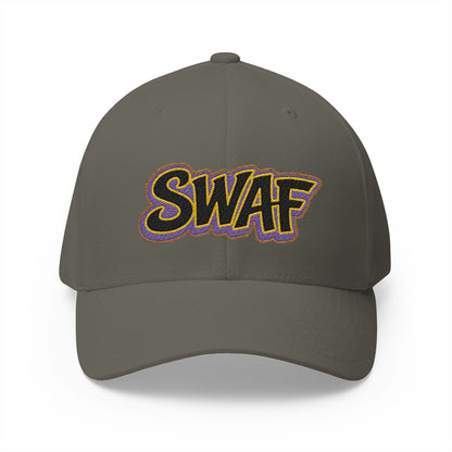 Embroidered 'SWAF' Logo Cap — White Structured Baseball Hat with Purple Leaf Accent
