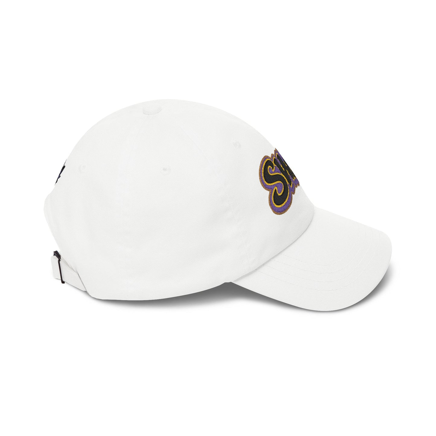 SWAF embroidered script Dad Cap | white baseball hat with purple leaf back logo