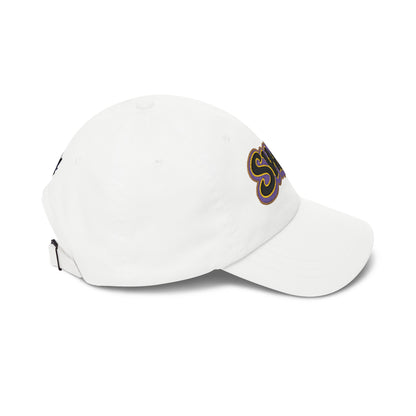 SWAF embroidered script Dad Cap | white baseball hat with purple leaf back logo
