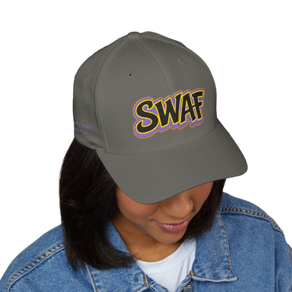 Embroidered 'SWAF' Logo Cap — White Structured Baseball Hat with Purple Leaf Accent