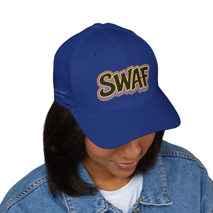 Embroidered 'SWAF' Logo Cap — White Structured Baseball Hat with Purple Leaf Accent