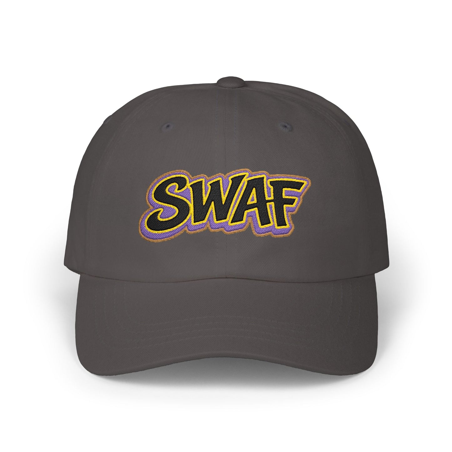 SWAF embroidered script Dad Cap | white baseball hat with purple leaf back logo