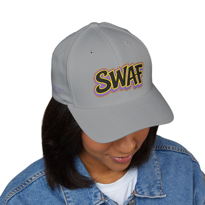 Embroidered 'SWAF' Logo Cap — White Structured Baseball Hat with Purple Leaf Accent