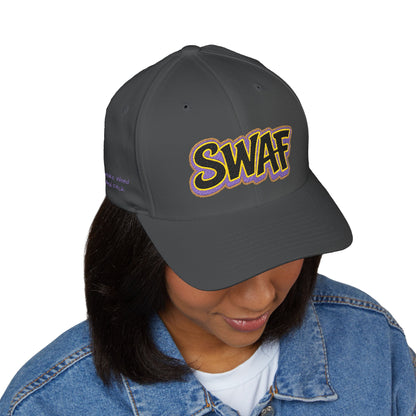 Embroidered 'SWAF' Logo Cap — White Structured Baseball Hat with Purple Leaf Accent