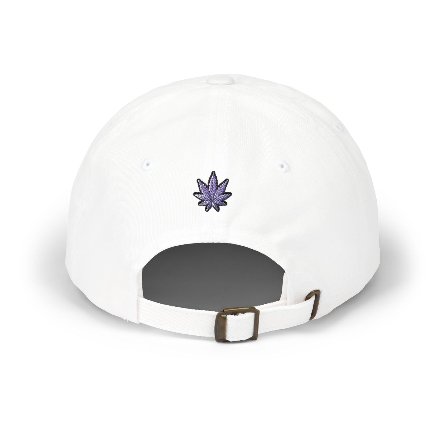 SWAF embroidered script Dad Cap | white baseball hat with purple leaf back logo