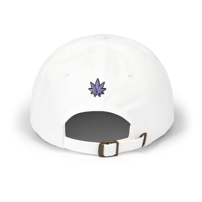 SWAF embroidered script Dad Cap | white baseball hat with purple leaf back logo