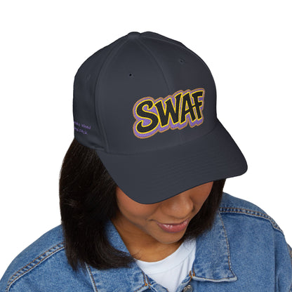 Embroidered 'SWAF' Logo Cap — White Structured Baseball Hat with Purple Leaf Accent