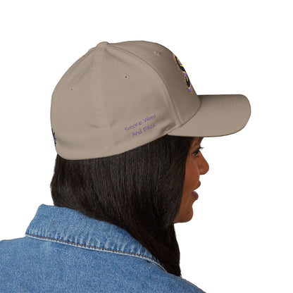 Embroidered 'SWAF' Logo Cap — White Structured Baseball Hat with Purple Leaf Accent