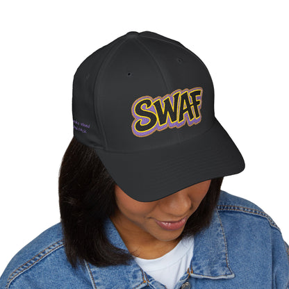 Embroidered 'SWAF' Logo Cap — White Structured Baseball Hat with Purple Leaf Accent
