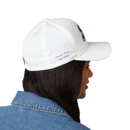 Embroidered 'SWAF' Logo Cap — White Structured Baseball Hat with Purple Leaf Accent