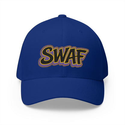 Embroidered 'SWAF' Logo Cap — White Structured Baseball Hat with Purple Leaf Accent