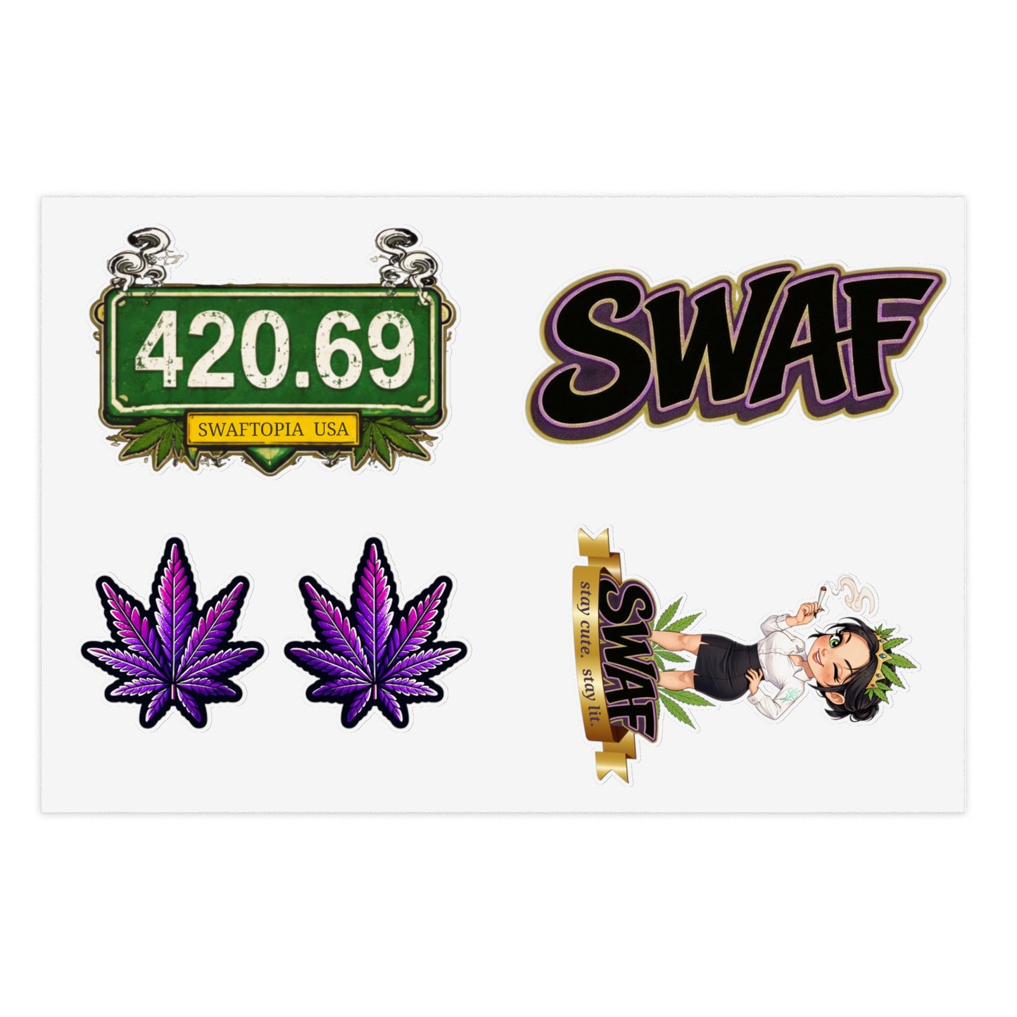 Cannabis Sticker Sheet — 420.69, Purple Leaf & SWAF Decals