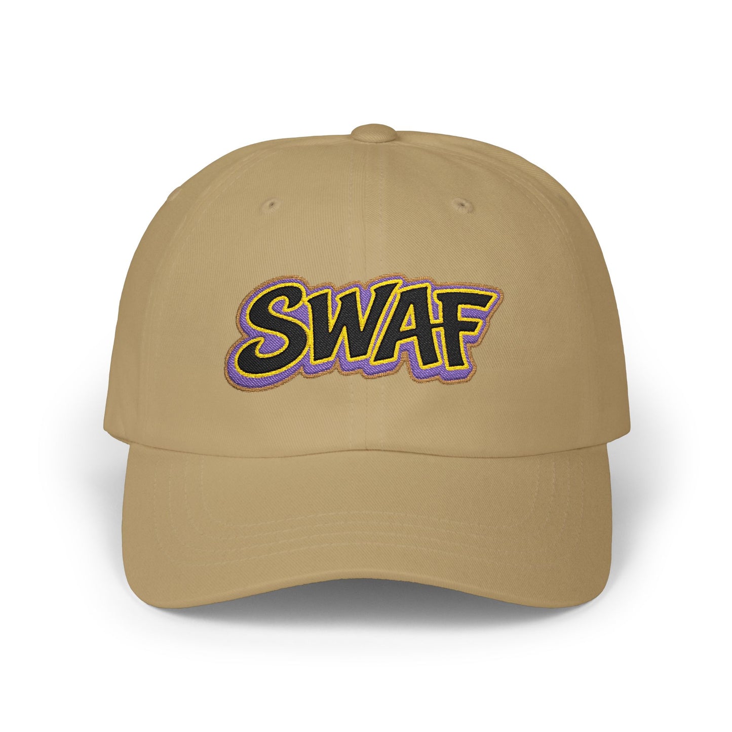 SWAF embroidered script Dad Cap | white baseball hat with purple leaf back logo