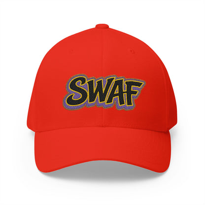 Embroidered 'SWAF' Logo Cap — White Structured Baseball Hat with Purple Leaf Accent