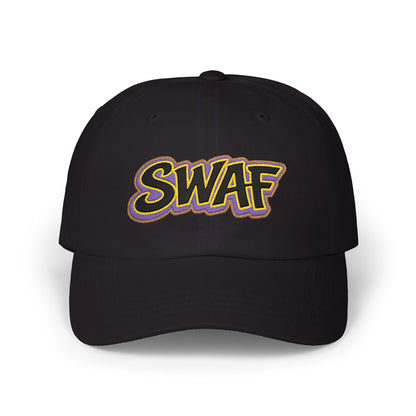 SWAF embroidered script Dad Cap | white baseball hat with purple leaf back logo
